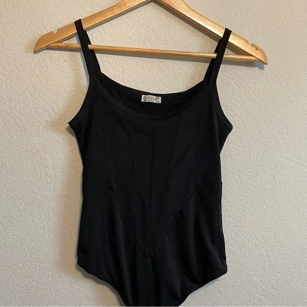 Free People Intimately Black Ribbed Thong Back Bodysuit Front Detail Size Small